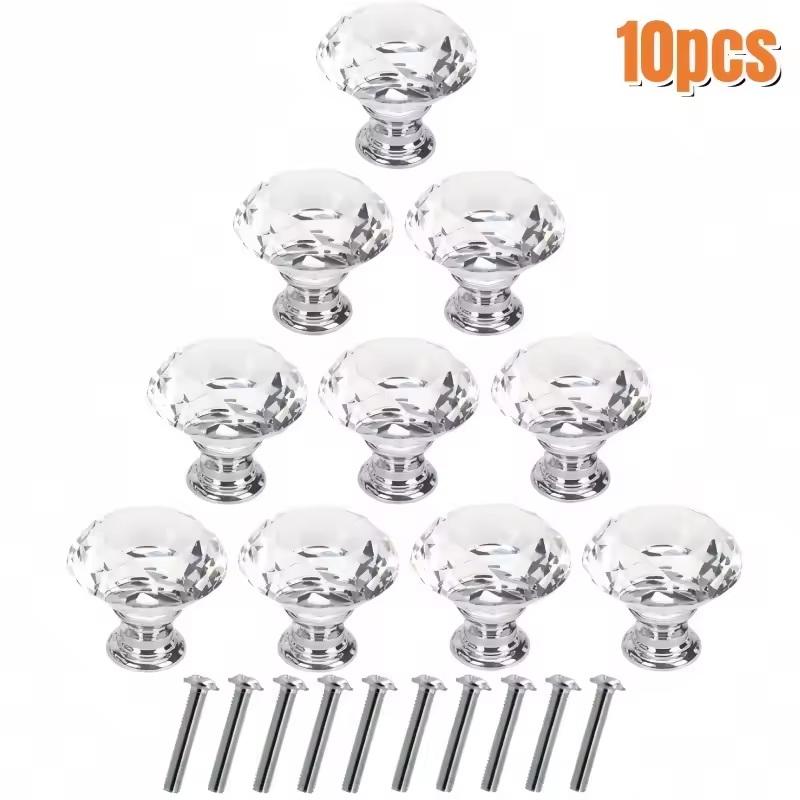 Cabinet Handle Pull - 10Pcs 30mm Crystal Clear Diamond Shape